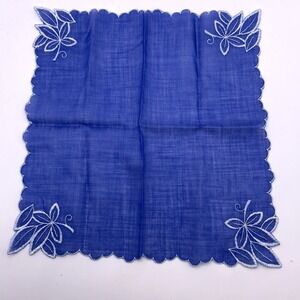 Vtg Womens Handkerchief Embroidered Linen Wedding "Something Blue" Scallop Bride